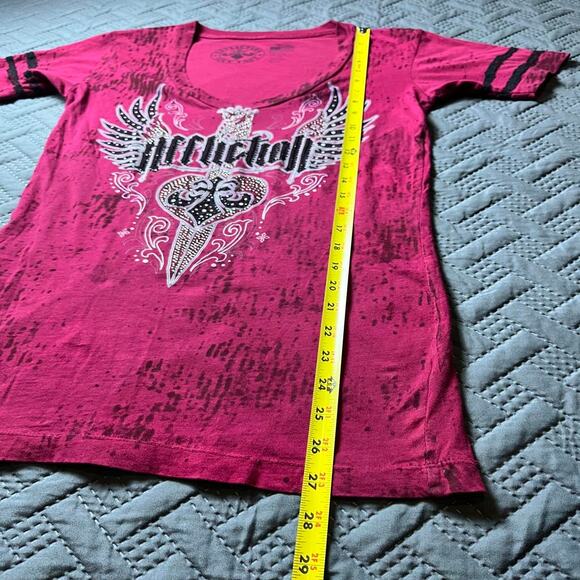 Affliction T-Shirt Y2K Small Crimson Embellish Rhinestone Wings Fleur de Lis Emo - Picture 6 of 9